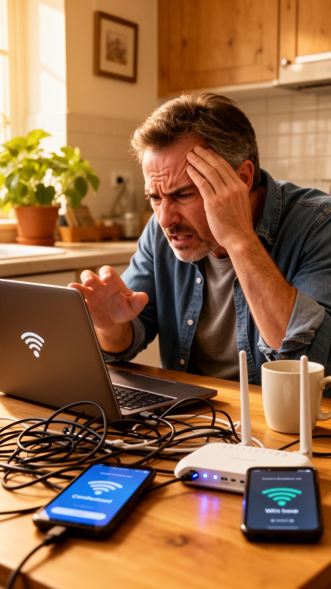 A frustrated homeowner at the kitchen table gesturing at a laptop surrounded by tangled cables and a wifi router